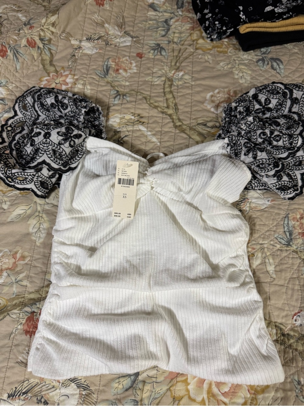 Anthropologie White Ribbed Top with Black Lace Puff Sleeves